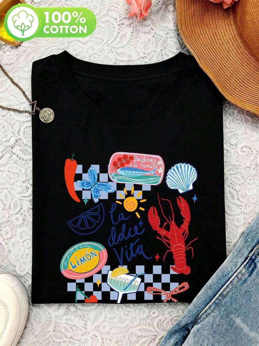 1 pieza de camiseta de manga corta para mujer, estilo casual, holgada, con cuello redondo, estampado tropical, sencilla y linda, ideal para el verano y las vacaciones, top moderno para el uso diario, adecuada para el uso en vacaciones. 180g 100% algodón, los estampados son completamente impresos. Unisexo. - Negro - Ver 1