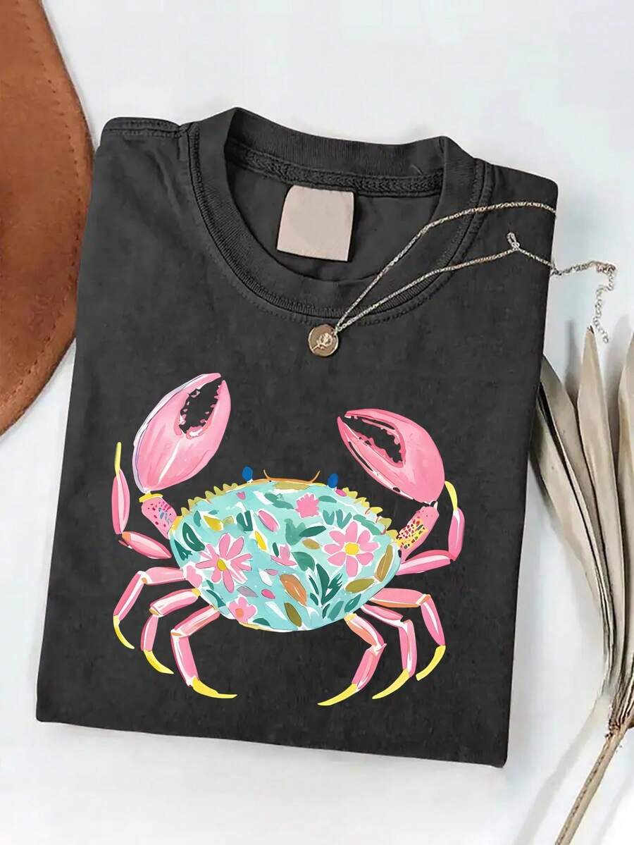 Nueva Camiseta de Mujer 2026 con Estampado de Cangrejo, Lavada, Estilo Batik Vintage, de Alta Calidad, para Playa de Verano, Regalo para el Día de la Madre - Negro - Ver 1