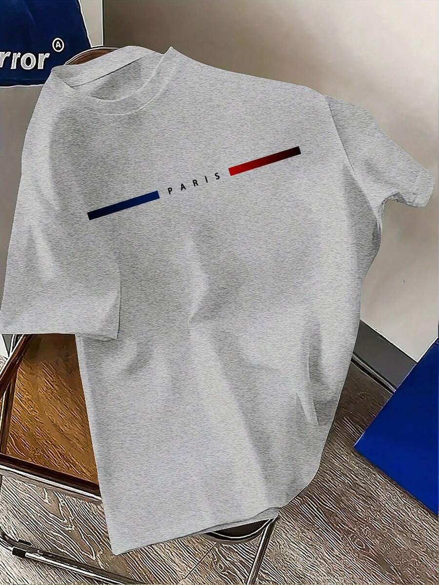 Men's Plus Size T-Shirt With Parisian Design, Fashion Brand, Round Neck, Casual Short Sleeve, Men's Clothing. - 淺灰色 - 查看 1