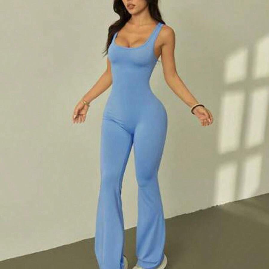 PETITE Summer Solid Color Hollow Out Flare Skinny Jumpsuit - Azul - Ver 1