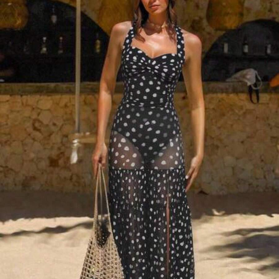 Asymmetrical Polka Dot Halter One Piece Swimsuit & Maxi Skirt Set For Women - Blanco y Negro - Ver 1