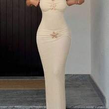 Women's Solid Color Halter Metal Starfish Decor One-Piece Swimsuit With Skirt, Suitable For Beach Vacation - Naranja - Ver 6