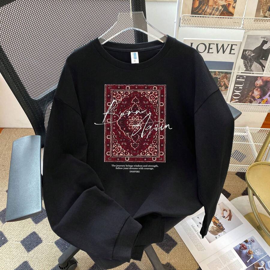 Camiseta de manga larga 100% algodón puro, estilo casual, versátil, estilo europeo y americano, moda de principios de otoño, top con estampado vintage único, a la moda. - Blanco - Ver 1