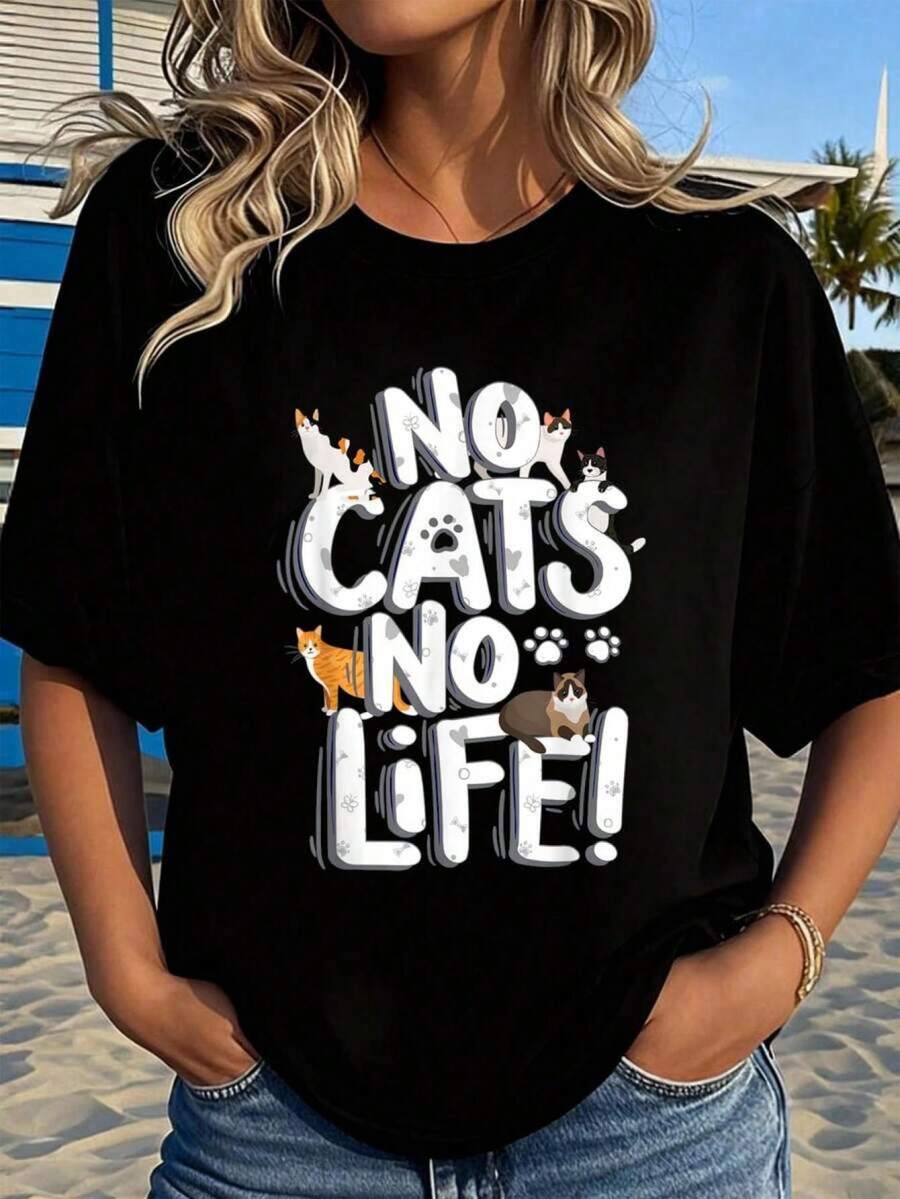 Camiseta de mamá gato sin gatos sin vida para el Día de la Madre y San Valentín 2026, nuevas camisetas impresas para mujeres, estilos populares, camisetas de primavera para mujeres, camisetas de invierno, camisetas de para mujeresás vendidas WB4X - Negro - Ver 1