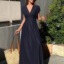 Women's V-Neck Waist Cinched Mid-Length Dress, Short Sleeve Vacation Maxi Dress Sundress - Azul Marino - Ver 7