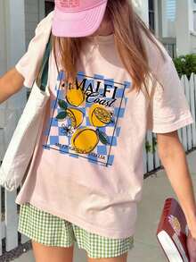 Camiseta de manga corta con cuello redondo y estampado de limón, nueva para primavera/verano, camiseta gráfica esencial de moda para uso diario y vacaciones, color rosa-Vintage Street Style Unisex Loose Cotton Short Sleeve Crew Neck T-Shirt - Blanco - Ver 7