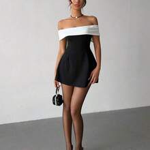 Valentine's Day Off Shoulder Black & White Bowknot Dress, Fairycore,Graduation,Graduation Dresses For Women,Back To School Dress,Summer Dress,Elegant Dresses For Party,Weddings & Events,Elegant Ceremony Dresses - Blanco y Negro - Ver 7