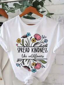 Camiseta para Mujer "La Amabilidad se Propaga Como Flores Silvestres" - Linda Camiseta Blanca de Manga Corta con Cuello Redondo, Mensaje Inspirador y Estampado, Suave, Transpirable, de Corte Relajado para Verano, Uso Diario, Vacaciones - Blanco - Ver 1