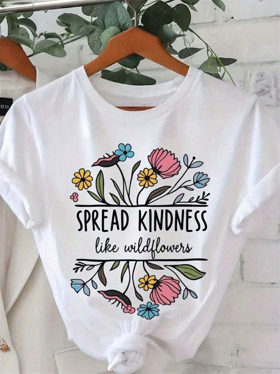 Camiseta para Mujer "La Amabilidad se Propaga Como Flores Silvestres" - Linda Camiseta Blanca de Manga Corta con Cuello Redondo, Mensaje Inspirador y Estampado, Suave, Transpirable, de Corte Relajado para Verano, Uso Diario, Vacaciones - Blanco - Ver 1