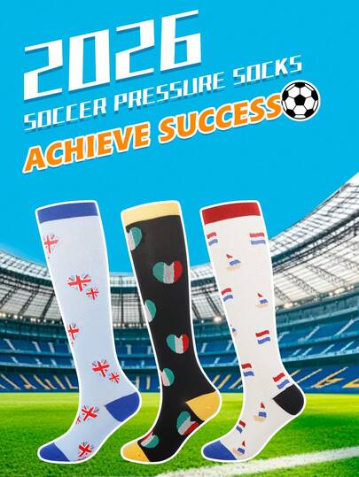 World Cup Fan Must-Have Compression Socks, 1 Pair National Flag & Beer Print Knee High Socks, Breathable Support Socks
