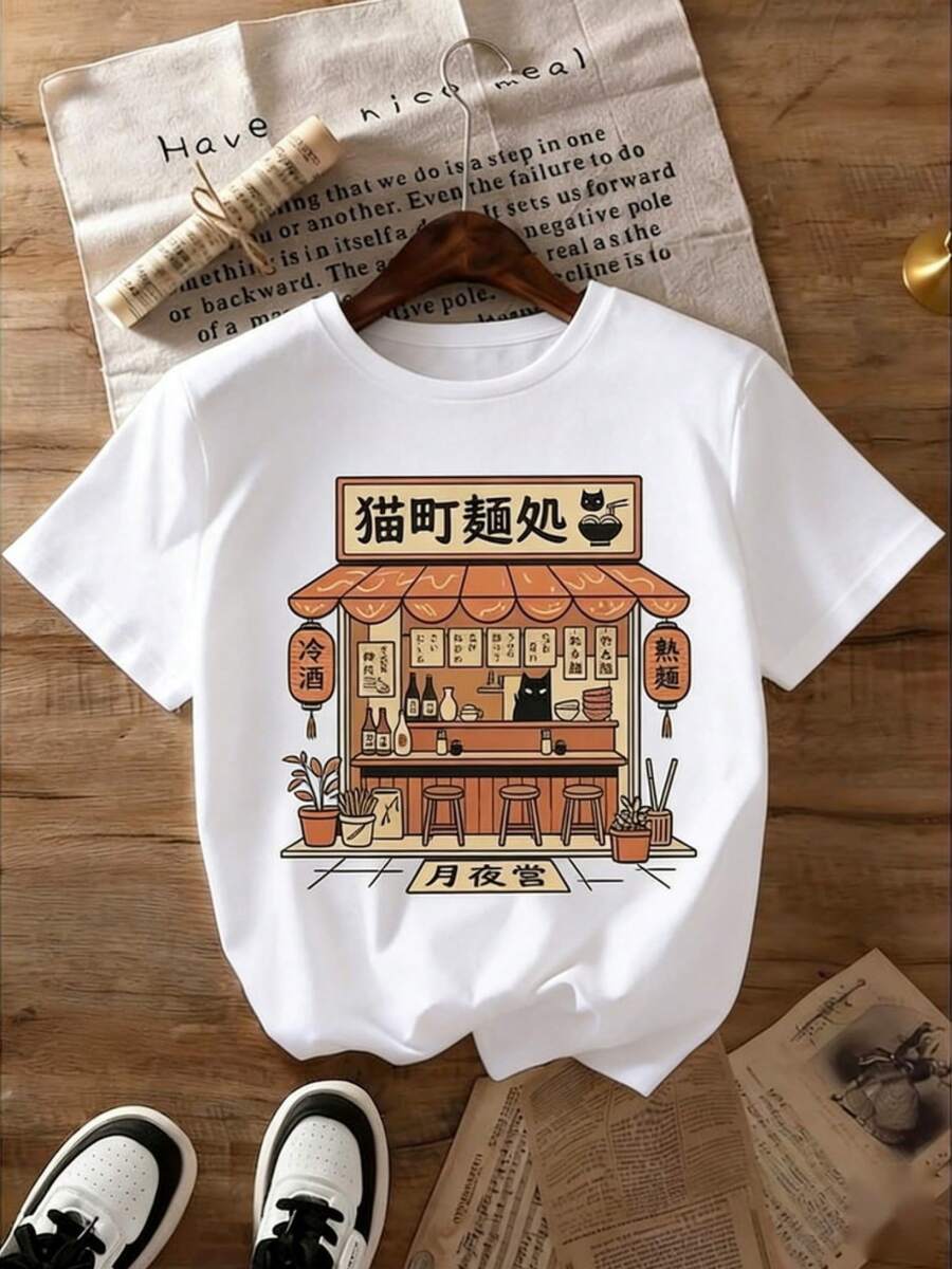 Plus Size - Plus Size - 1 Piece Of Plus Size Women's Summer Clothing, Featuring A Graphic Tee Inspired By A Japanese Cat Ramen Shop, Perfect For Food Lovers. This Stylish Garment Has A Crew Neck, Short Sleeves, And A Halter Neckline. - 白色 - 查看 1