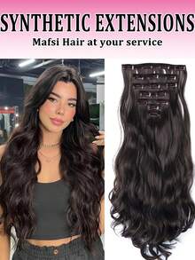 Extensiones de cabello sintético negro ondulado de 22 pulgadas y 7 piezas con clip invisible, para uso diario - Multicolor - Ver 1