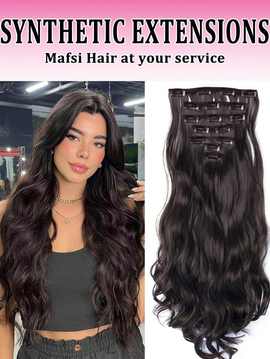 Extensiones de cabello sintético negro ondulado de 22 pulgadas y 7 piezas con clip invisible, para uso diario - Multicolor - Ver 1
