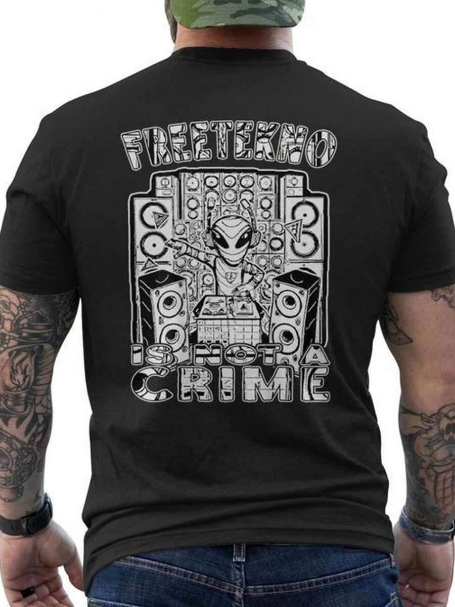 Men's Summer T-Shirt With Alien DJ Print - Cotton Festival T-Shirt, Suitable For Concerts, Parties And Casual Wear - Comfortable, Breathable, Round Neck And Short Sleeve, Ideal For Music Events, Loose And Comfortable Fit. - Back - View 1