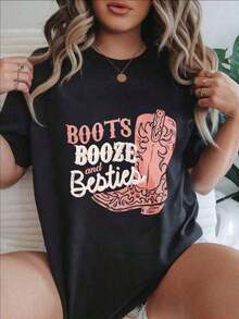 Camiseta Casual con Estampado de Moda para Mujer "Boots Booze And Besties Cowboy Boot", Adecuada para Todas las Temporadas - 2026 Camisetas Largas para Mujer - Negro - Ver 7