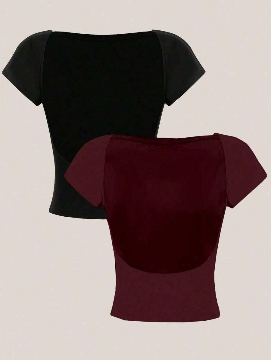 Set de 2 camisetas de mujer sin sujetador de cuello redondo y espalda descubierta, de manga corta, en negro y blanco.Camisetas casuales, minimalistas, vintage y elegantes, versátiles para ir al trabajo, la playa, de vacaciones, en verano - Multicolor 2 - Ver 1