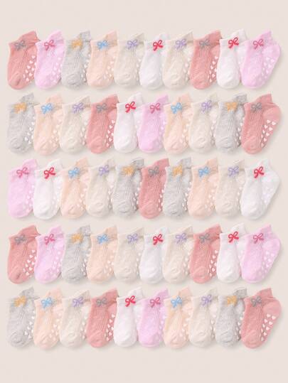 24/12/6/1 Pairs Random Color Heart Pattern Anti-Slip Floor Socks, Suitable For Infants & Toddlers In Summer, Breathable Mesh Design, Comfortable, Won't Fall Off, Matching All Outfits, Elastic Lace Edge Won't Hurt Baby's Feet, Heart, Star, Dot, Flower, Animal Paw Prints Designs, Suitable For 0-3 Years Old Newborns, All Seasons, Daily Wear And Gift, Indoor & Outdoor Crawling Socks, For Baby Boys And Girls