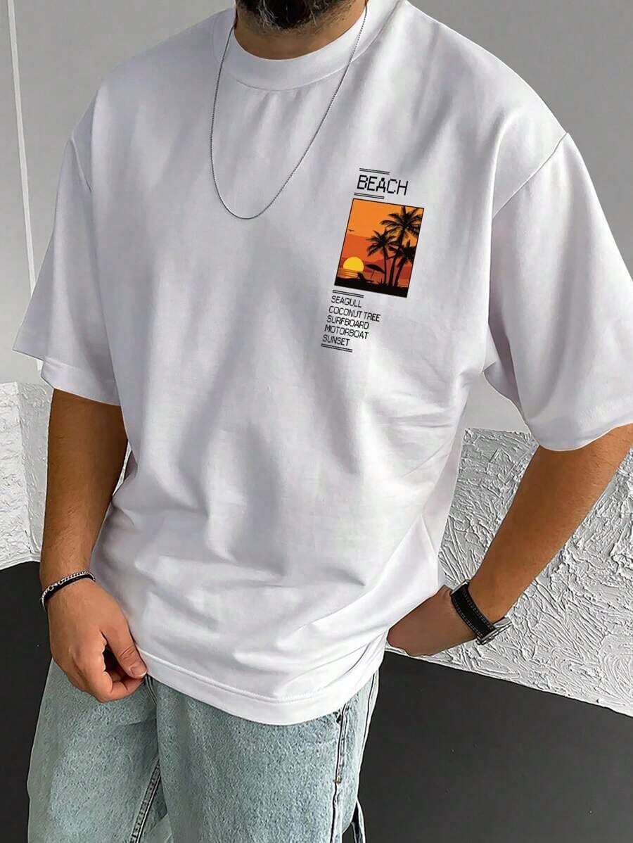Men's T-Shirt With Coconut Tree Print And Slogan - 白色 - 查看 1
