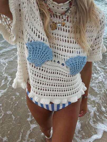 Plus Size Women's White Knitted Fitted Regular Top With Short Raglan Sleeves Round Neck Ruffled Hem And Cute Patched Shell Detail