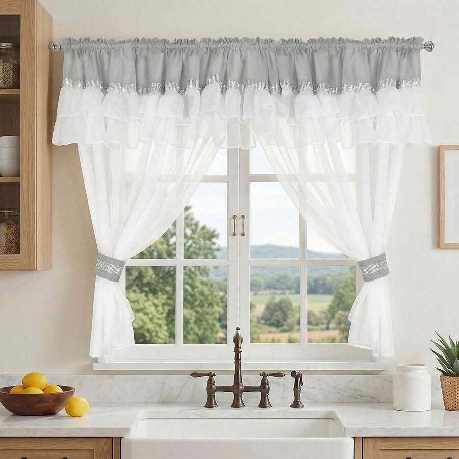 FLYINGCURTAINS ستارة شفافة أوروبية بجيوب القضيب مع كشكشة علوية، مزينة بحافة من أحجار الراين الفضية، ستارة نافذة مرشحة للضوء، لغرفة النوم وغرفة المعيشة، هدية حلوة للترحيب بالمنزل الجديد