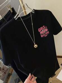 Camiseta de Carreras Rosa para Mujer - "I Also Love Racing" Camiseta de Manga Corta con Estampado de Doble Cara y Patrón de Carreras en Forma de S, de Corte Holgado y Cuello Redondo, Adecuada para Primavera y Verano, Lavable a Máquina, Ideal para Eventos de Carreras y Uso Diario. - Negro - Ver 4