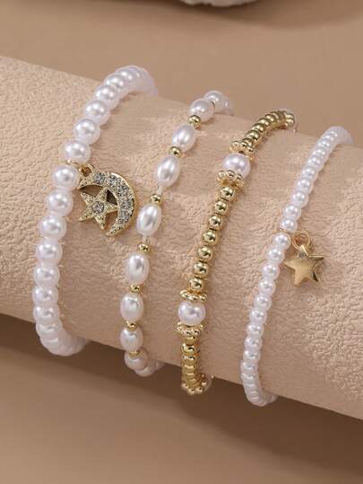 4pcs/Set Girls' Pearl Beaded, Rhinestone Moon & Star Charm Bracelet Set, Suitable For Daily Decoration