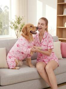 Bộ đồ ngủ mùa hè cho chó và chủ, kiểm soát rụng lông - Bộ đồ liền thân thoáng khí, co giãn cao, che phủ toàn thân, chống liếm và chống côn trùng cho chó cỡ vừa và lớn, quần áo cho chó in họa tiết toàn thân - Họa tiết nơ và quả anh đào dễ thương - Nhiều màu - Xem 5