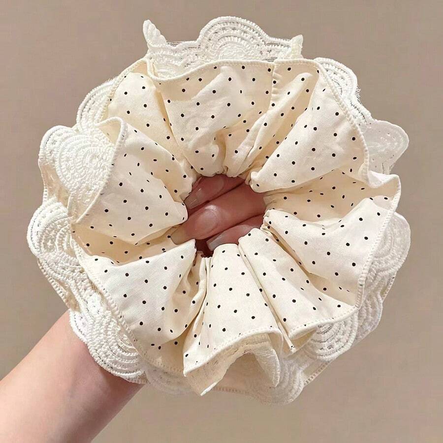 1 pieza Coletero de satén con lunares y ribete de encaje de doble capa, elegante liga para el cabello para moño y coleta, ligas elásticas para el cabello - Blanco - Ver 1