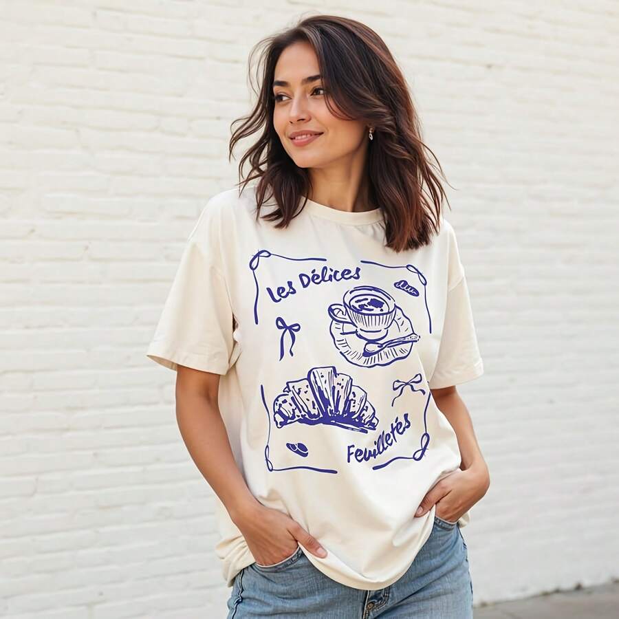 Croissant T-Shirt French Pastry Tee220g Heavyweight 100% Cotton T-Shirt. Butterfly Print. Unisex Sizing. Round Neck Inspirational T-Shirt. Cute And Beautiful Y2K-Inspired Summer Top, Perfect For The Outdoors, Home, Work, Or Street Wear. Casual, Loose-Fitting Everyday T-Shirt. - 白色 - 查看 1
