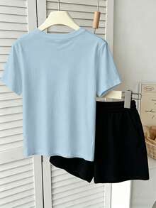 100% Cotton Disney Licensed Girls Judy Hopps Set - Bold Print Short Sleeve T-Shirt & Elastic Shorts For Kids,Daily Casual Wear, Minimalist Commute Style, Apparel For Teenage & Older Girls, Girls Short-Sleeve Set, Kids Two-Piece Outfit - Baby Blue - View 2