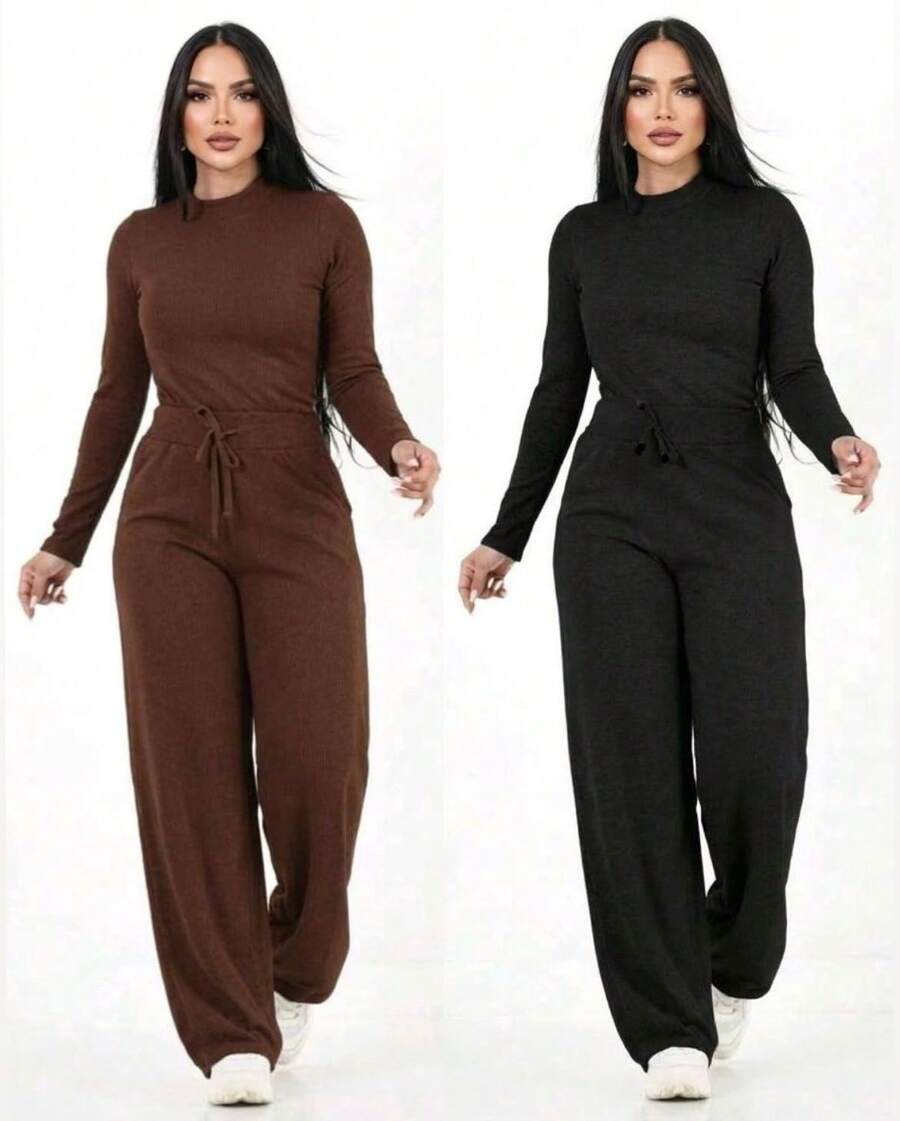 Kit Of 2 Women's Winter Fashion Sets -  Cold Weather Style - Women's Pants - Long-Sleeved Shirt - Bộ 2 món - Màu đen và nâu - Xem 1