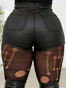 High Waist Faux Leather Shorts Women Skinny Fit Party Streetwear Going Out - 黑色 - 查看 6