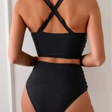 Swim Basics Popular Ruched Cropped Top And Ruched Bottoms Slimming Tankini Swimsuit - Negro - Ver 3