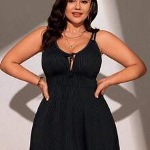 Swim Lushore Plus Size Women Summer Solid Color Front Tie Spaghetti Strap Tankini Beach Dress With Shorts Set - Negro - Ver 7