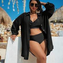 Swim Vcay Women Plus Size Single Stripe Button Down Long Sleeve Blouse, Resort Beach Casual Cover Up For Summer Beach Vacation - Albaricoque - Ver 4