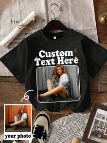 Blusas para mujer y playeras de mujer, Playera Retro con Retrato Personalizado, Playera con Foto de Mascota y Texto Propio, Ropa Unisex para Parejas y Hermanas, Regalo Ideal de Cumpleaños y Fiestas - Negro - Ver 8