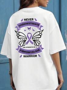 Camiseta de Apoyo a la Concientización sobre la Fibromialgia, Camiseta de Algodón de 220 g/m² con Estampado de Doble Cara, Cuello Redondo, Estilo Casual para Mujer (1 Pieza) - Blanco - Ver 4