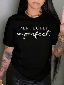 1 Piece Of Women's Short-Sleeve Crew Neck T-Shirt With "Perfectly Imperfect" Letter Print, Basic Summer Cotton-Blend Tee, Casual Style, With Minimalist Black And White Lettering, Soft Graphic Tee For Everyday Wear On The Street And In The Office. Women's Short-Sleeve Crew Neck T-Shirt With Letter Print, Everyday Casual Wear, 210g, 100% Cotton, All Designs Are Printed. Unisex. - 黑色 - 查看 7
