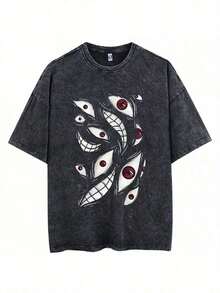 Camisetas Gráficas para Hombre, Estilo Vintage Lavado, con Estampado de Ojos Rojos - Estilo Urbano Harajuku, Camiseta Holgada de Hip-Hop, Adecuada para Todas las Temporadas, 100% Algodón - Negro - Ver 1