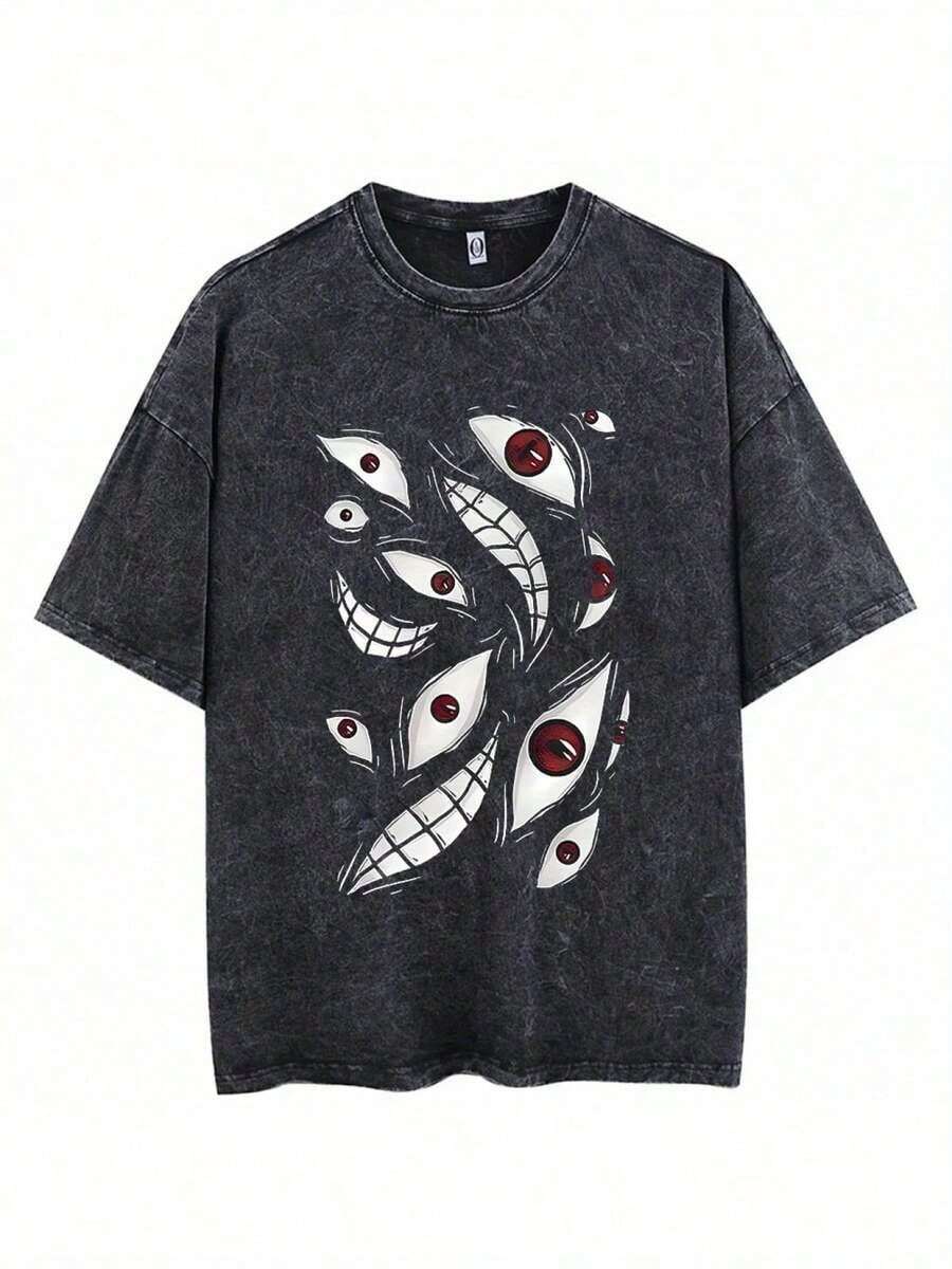 Camisetas Gráficas para Hombre, Estilo Vintage Lavado, con Estampado de Ojos Rojos - Estilo Urbano Harajuku, Camiseta Holgada de Hip-Hop, Adecuada para Todas las Temporadas, 100% Algodón - Negro - Ver 1