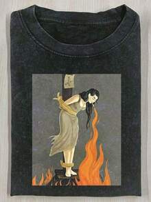 1 pieza, 230g, Camiseta estampada "Fire Messenger" con efecto lavado, Camiseta de marca de moda retro de algodón puro con estampado de cera de alta calidad, Camiseta para hombre, Camiseta de verano, Regalo para vacaciones, Regalo perfecto, 180g - Negro - Ver 5