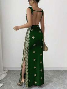 YHHSHEIN Raffinéa Vestido de verano nuevo para mujer, dorado brillante y negro, con cuello cuadrado, tirantes de espagueti, espalda descubierta, bajo con abertura, ajustado de cintura alta, adecuado para fiestas, bodas, banquetes de negocios, ocasiones diarias, galas, fiestas de boda y atuendos festivos. YHH - Verde Oscuro - Ver 4
