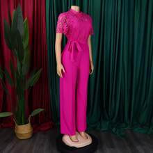 New Women's Jumpsuit European American Style Hollow Lace Short Sleeve High Waist Lace-Up Wide Leg Sexy - 玫紅色 - 查看 7