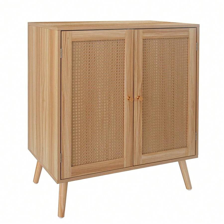 Boho Dining Room Sideboard With Rattan Doors And Adjustable Shelves - Solid Wood Auxiliary Buffet - Compact And Functional Design - Perfect For Living Room, Kitchen Or Entryway - Brown - View 1