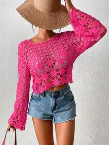 1pc Solid Color Knit Sheer See-Through Casual Top, Suitable For Beach, Resort, Spring/Summer/Autumn Vacation - Hot Pink - View 2