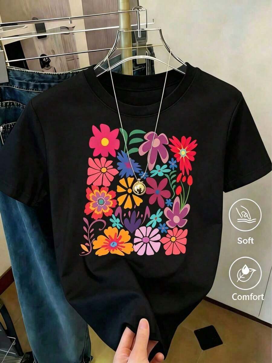Camiseta de manga corta de nueva moda Primavera/Verano 2026, hecha en México, 200g. 100% Algodón. Camia con estampado de camisa casual para mujer, manga corta y cuello redondo, moda urbana local de primavera/verano.Cartoon print design, suitable for couples, perfect for layering or wearing alone. Cuello redondo, versátil y unisex. Adecuado tanto para ocasiones de oficina como informales. Empaquetado individualmente. La camiseta de manga corta perfecta para el verano. - Negro - Ver 1