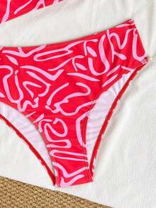 Conjunto de bikini de 2 piezas con parte superior de tirantes con estampado de color aleatorio y shorts de cintura alta para mujer, para vacaciones en la playa - Multicolor - Ver 4