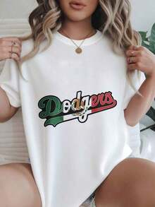 Camiseta Casual de Mujer con Diseño de la Bandera Mexicana de los Dodgers, Adecuada para Todas las Temporadas  
 -Blanco - Blanco - Ver 7