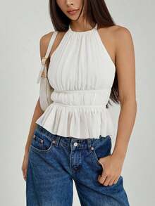 Top de tirantes sin espalda con cuello de halter y cintura anudada plisada para mujer - Blanco - Ver 10