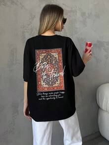 Camiseta de manga corta 100% algodón puro, nuevo estilo de verano, estilo americano, versátil, moderna, retro, de nicho, top hip-hop para mujer. - Negro - Ver 1